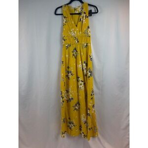 Fun & Flirt Yellow Floral Maxi Dress Smocked Waist V Neck Sleeveless Size Small